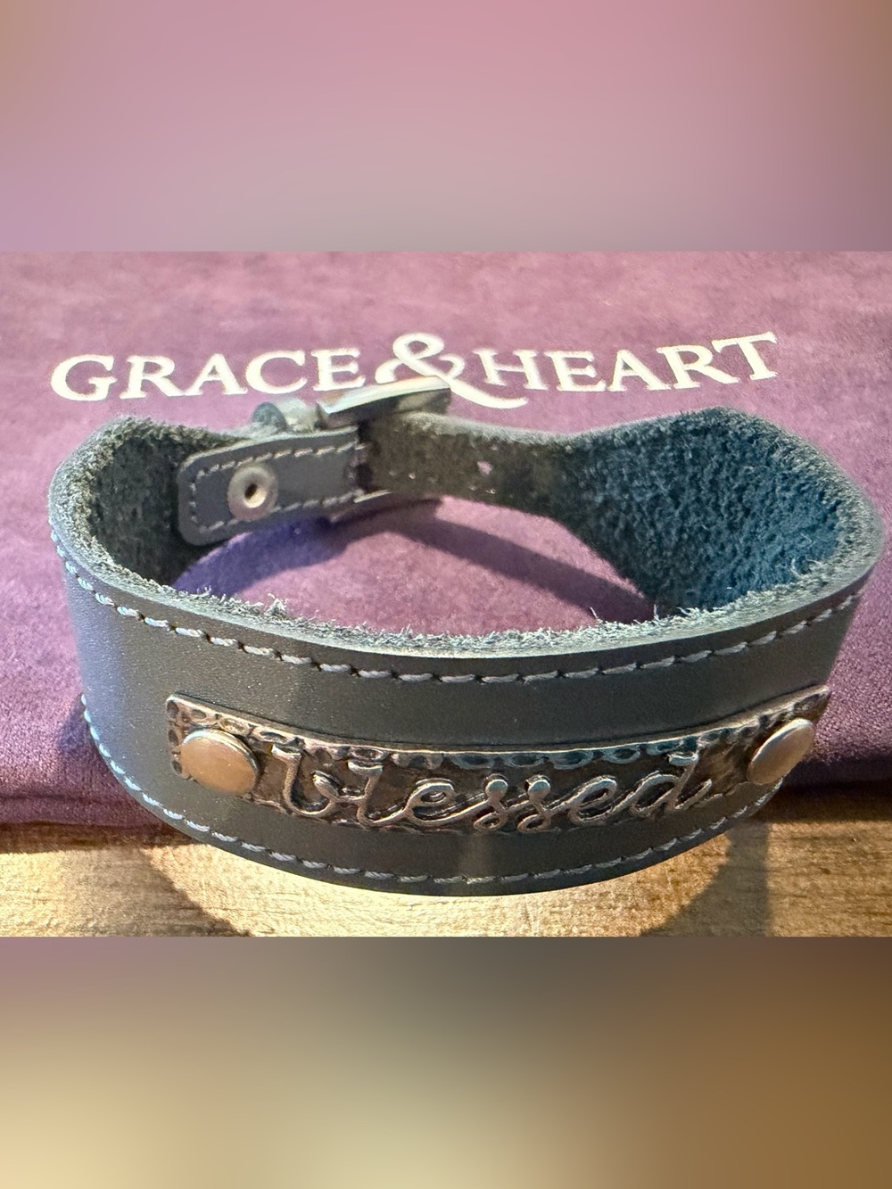 Grace & Heart G&H Leather BLESSED Grey Bracelet PROMO Adjustable 2 NEW